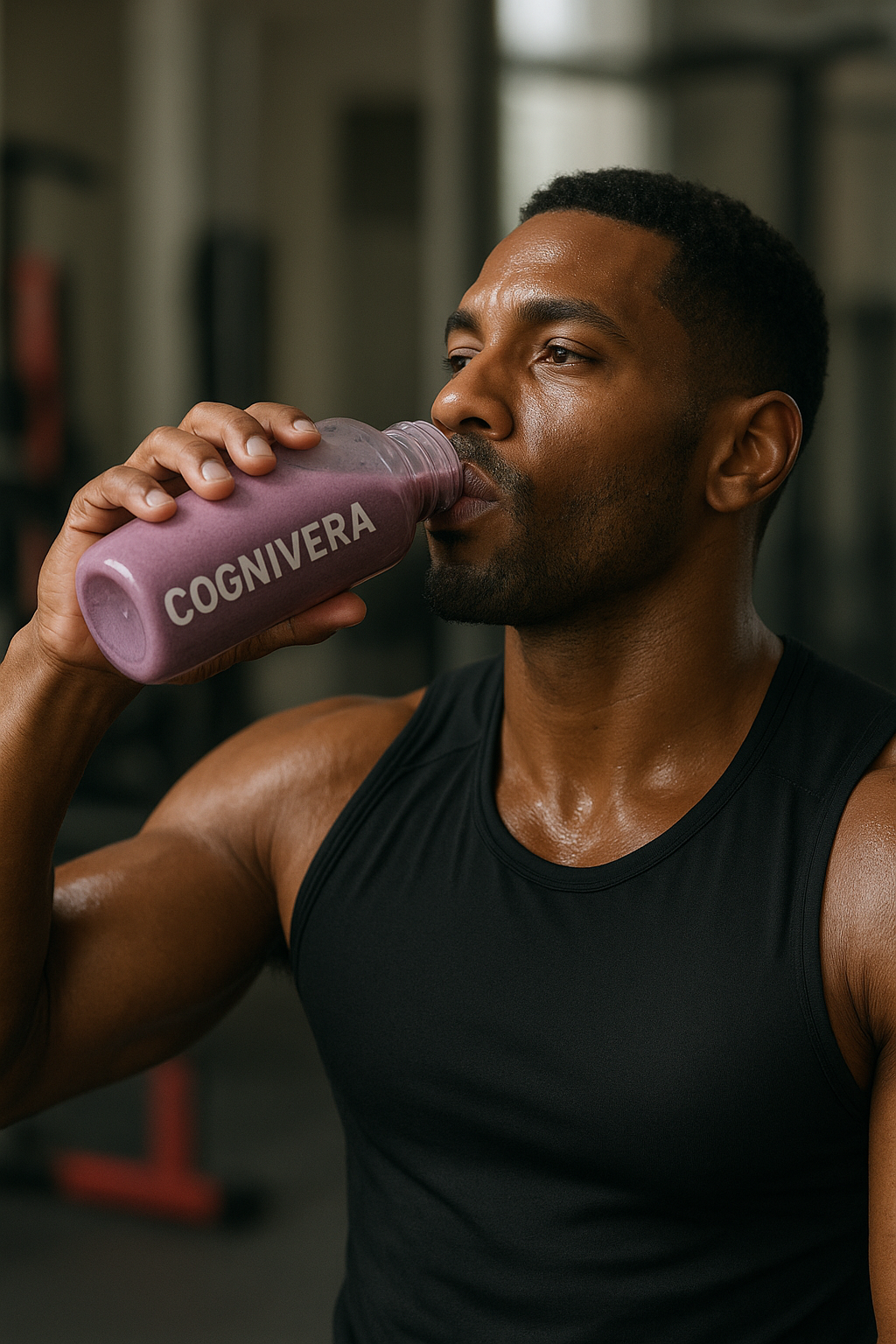 Man drinking from a purple 'COGNIVERA' supplement bottle in a gym setting